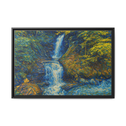 Framed matte canvas print of impressionist waterfall wall art by Printify, showcasing vibrant water and nature scene.