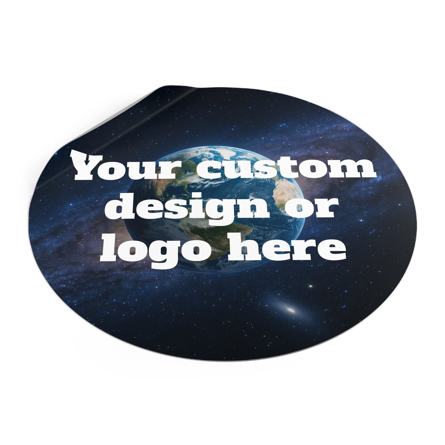 Custom Earth space design round vinyl sticker decal on paper, featuring a colorful galaxy and planet illustration.