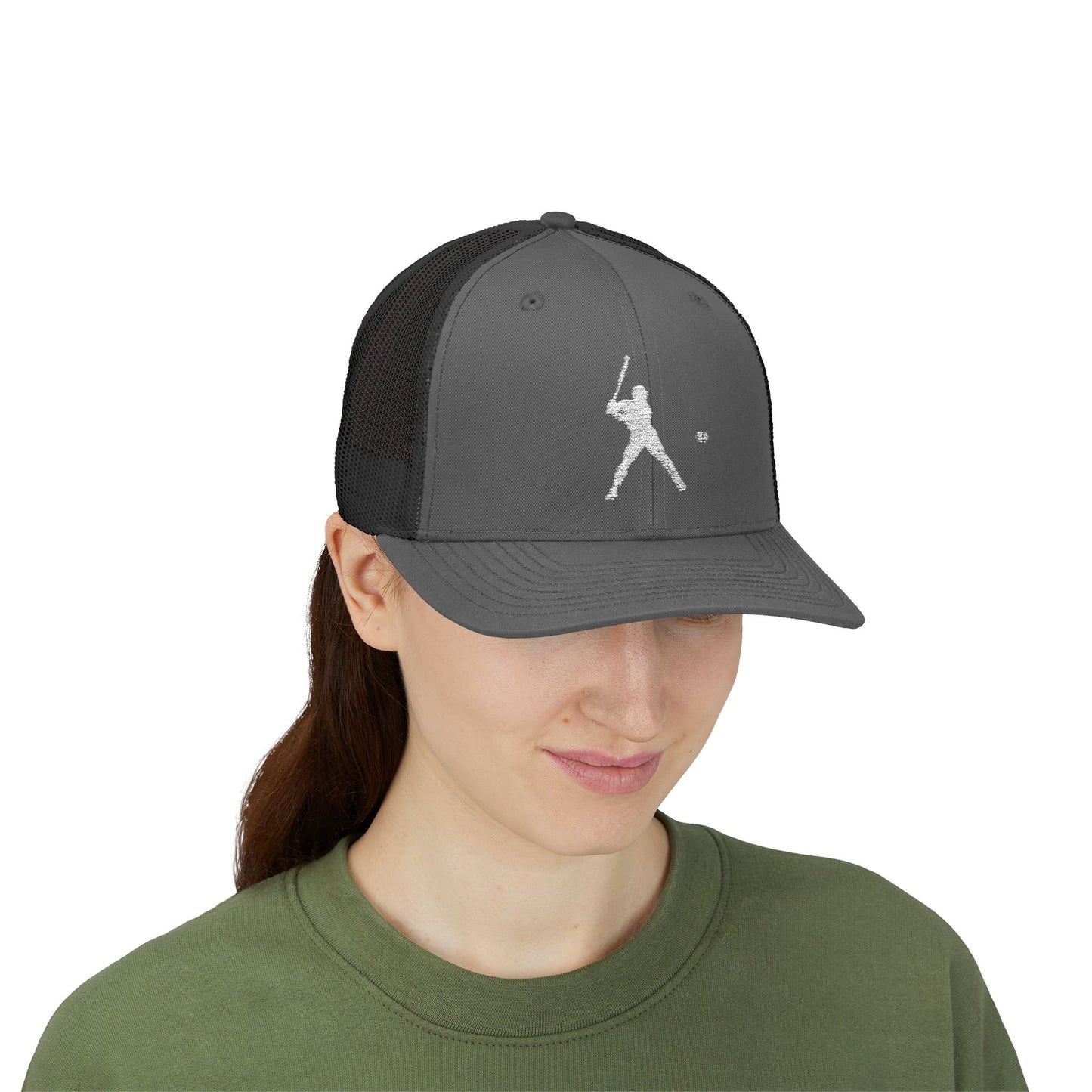 Vintage-style baseball snapback trucker cap featuring a batter silhouette design, made by Printify.