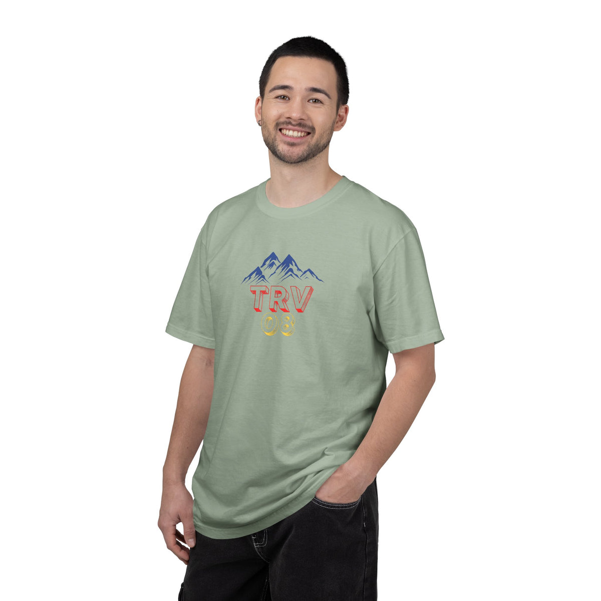 Unisex garment-dyed T-shirt with TRV08 Logo print by Printify, shown in a relaxed fit and soft fabric.