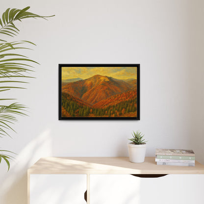 Autumn mountain matte canvas framed wall art by Printify featuring a scenic mountain landscape in warm autumn colors.