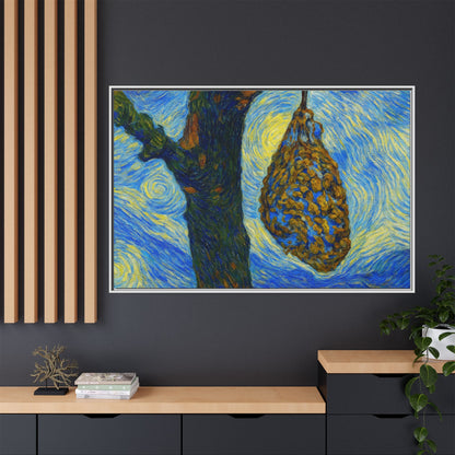 Framed matte canvas art of starry nut cluster on dried plum in tree, printed by Printify, showcasing detailed natural imagery.