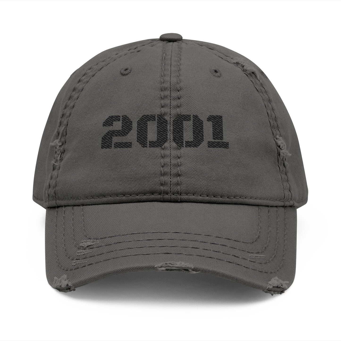 Distressed embroidered '2001' vintage washed baseball cap by Printify, adjustable dad hat with faded design and classic style.