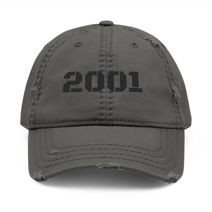 Distressed embroidered '2001' vintage washed baseball cap by Printify, adjustable dad hat with faded design and classic style.