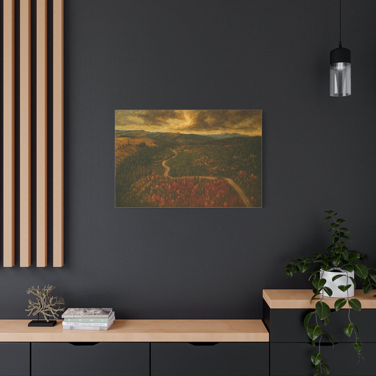 Autumn Ridge Road matte stretched canvas depicting a moody forest landscape wall art by Printify