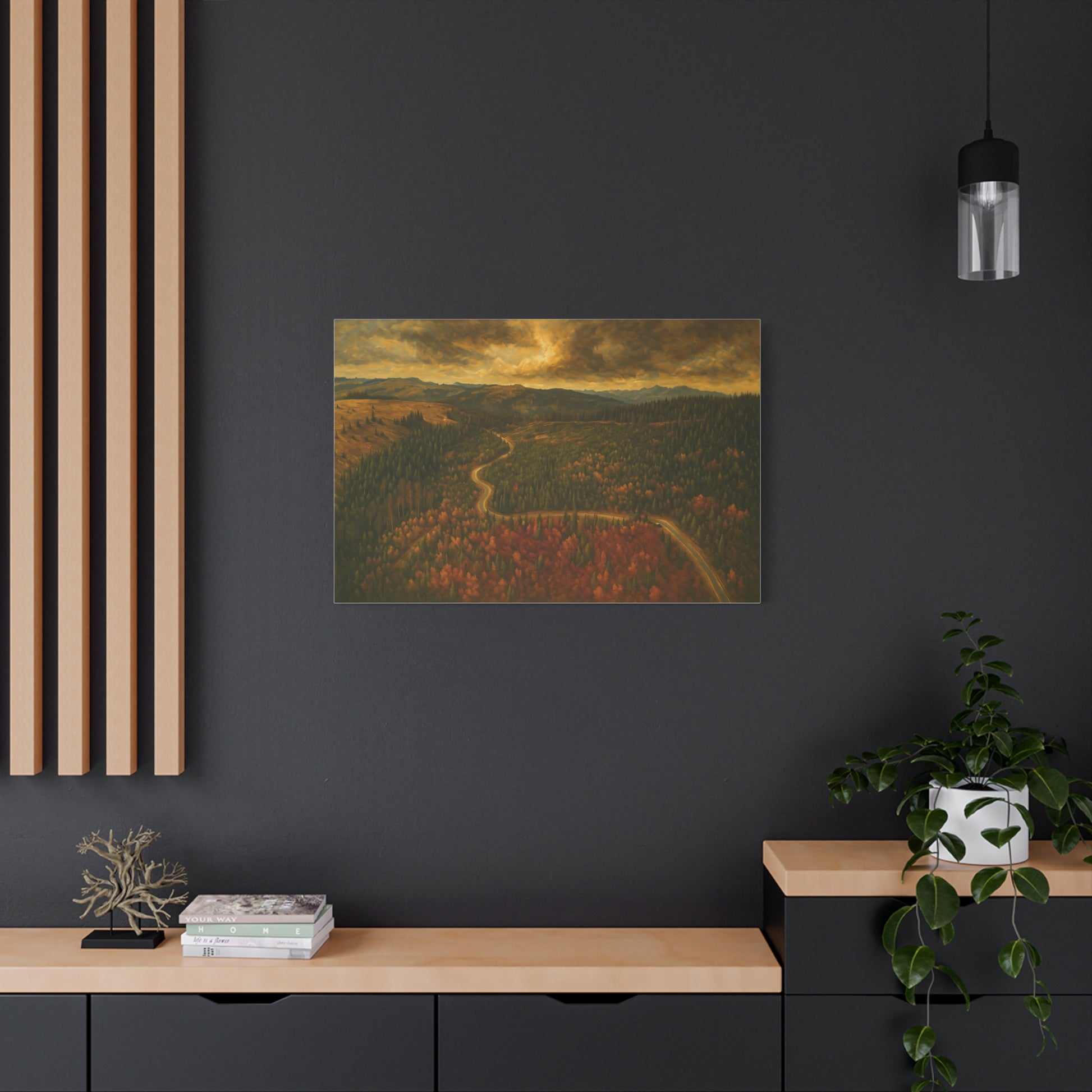 Autumn Ridge Road matte stretched canvas depicting a moody forest landscape wall art by Printify
