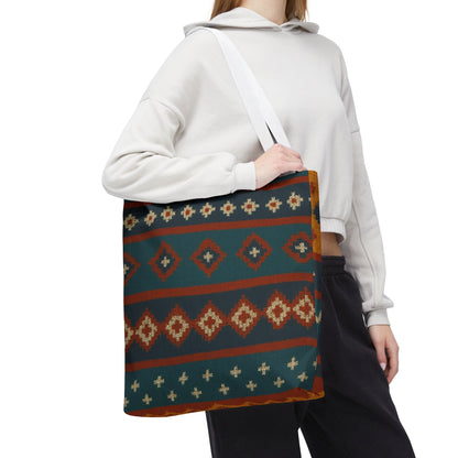 Southwestern diamond pattern tote bag with Aztec tribal geometric print, featuring sturdy straps and spacious interior.