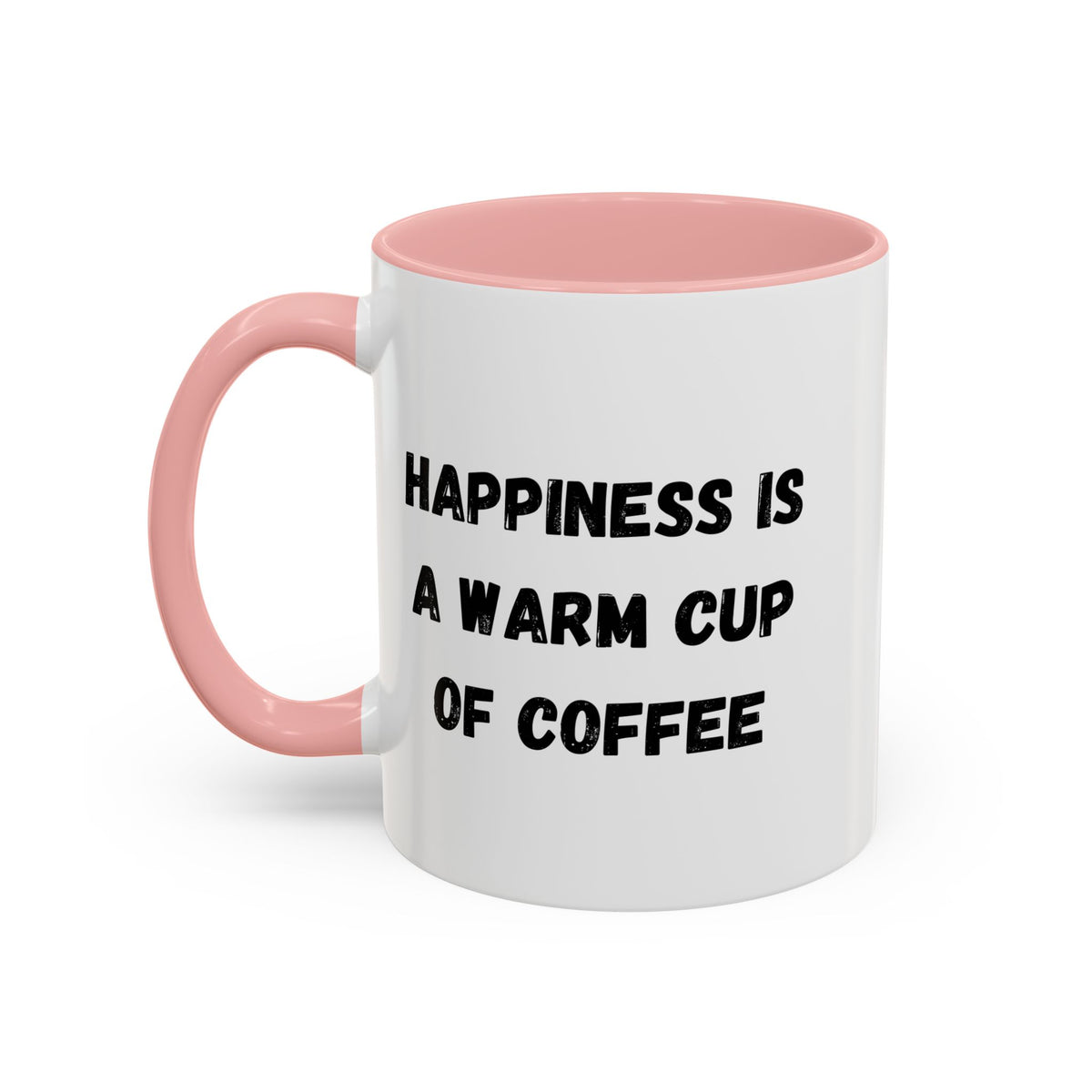 Ceramic coffee mug with "Happiness Is A Warm Cup Of Coffee" quote, white accent mug by Printify featuring black text.