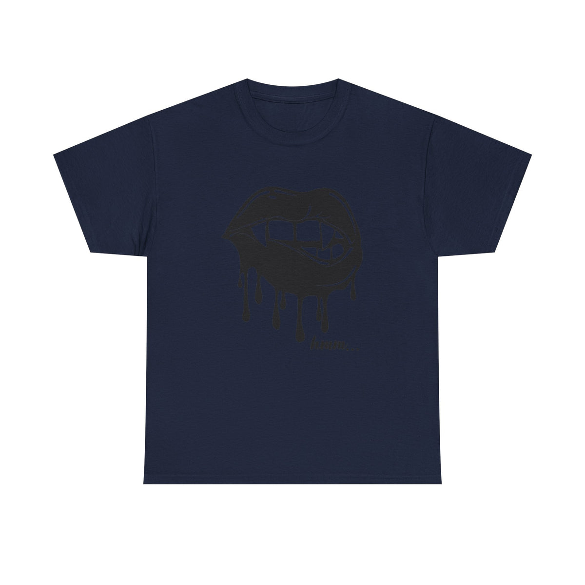 Black graphic T-shirt by Printify featuring dripping lips and "hmm..." bite design on the front.
