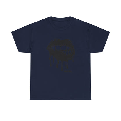 Black graphic T-shirt by Printify featuring dripping lips and "hmm..." bite design on the front.