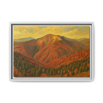 Autumn mountain matte canvas framed wall art by Printify showing a scenic mountain landscape in warm fall colors.