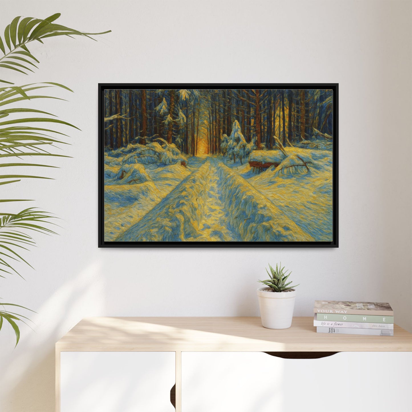 Framed matte canvas print of a snowy forest path at sunset, wall art by Printify showcasing winter landscape scenery.