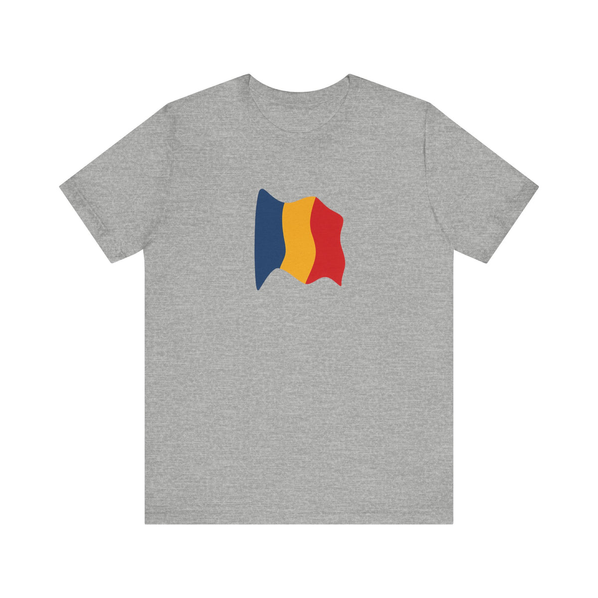 Romania flag T-shirt by Printify featuring a minimal waving tricolor design on a casual T-shirt.