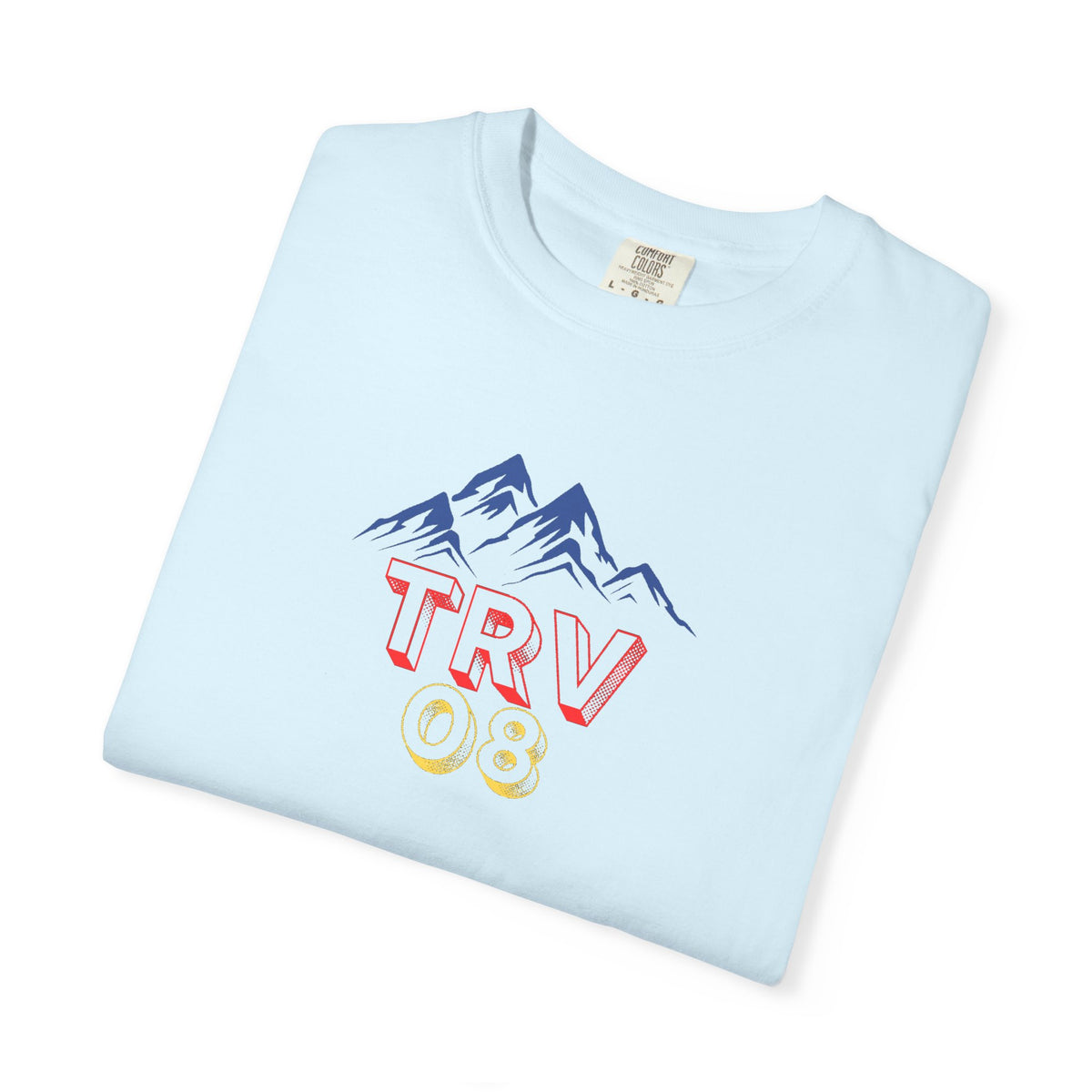 Unisex white garment-dyed T-shirt with the TRV08 Logo printed on front, casual style by Printify.