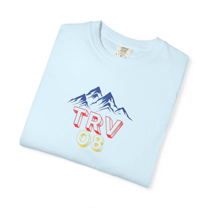 Unisex white garment-dyed T-shirt with the TRV08 Logo printed on front, casual style by Printify.