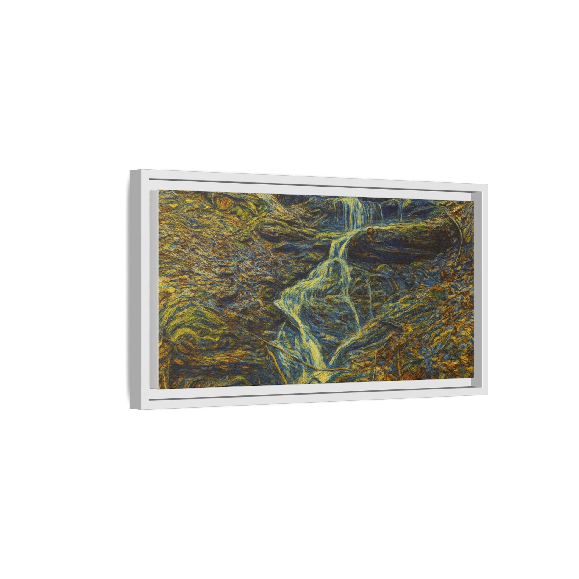 Framed matte canvas wall art of an autumn forest with a waterfall, featuring vibrant fall colors and natural scenery.
