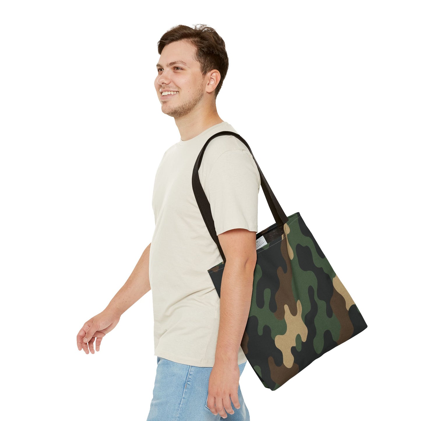 Camo pattern tote bag by Printify featuring an all-over print canvas design, versatile carryall bag for everyday use.