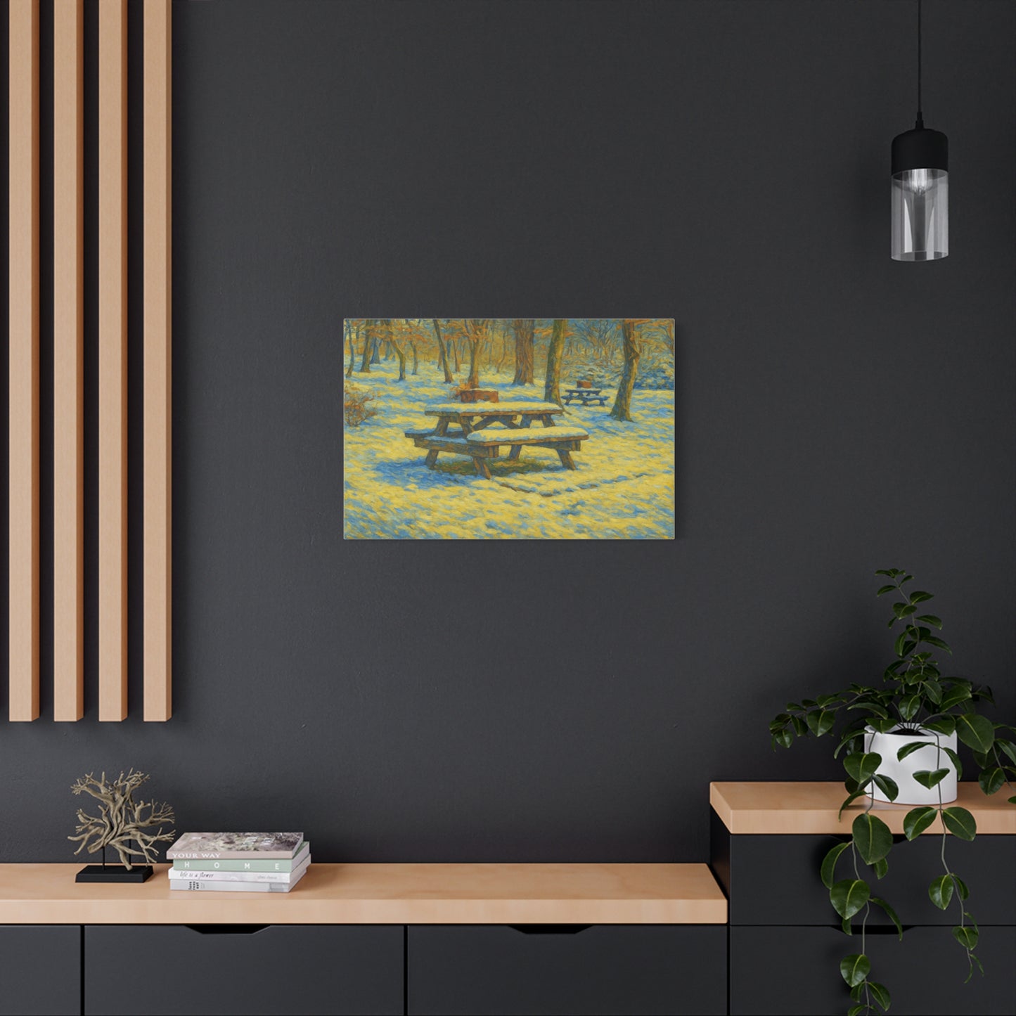 Winter picnic canvas print featuring a snow-covered park bench wall art by Printify designed for cozy seasonal decor.