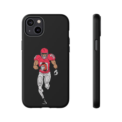 Black football player tough phone case for iPhone, featuring sports design and durable protective material by Printify.