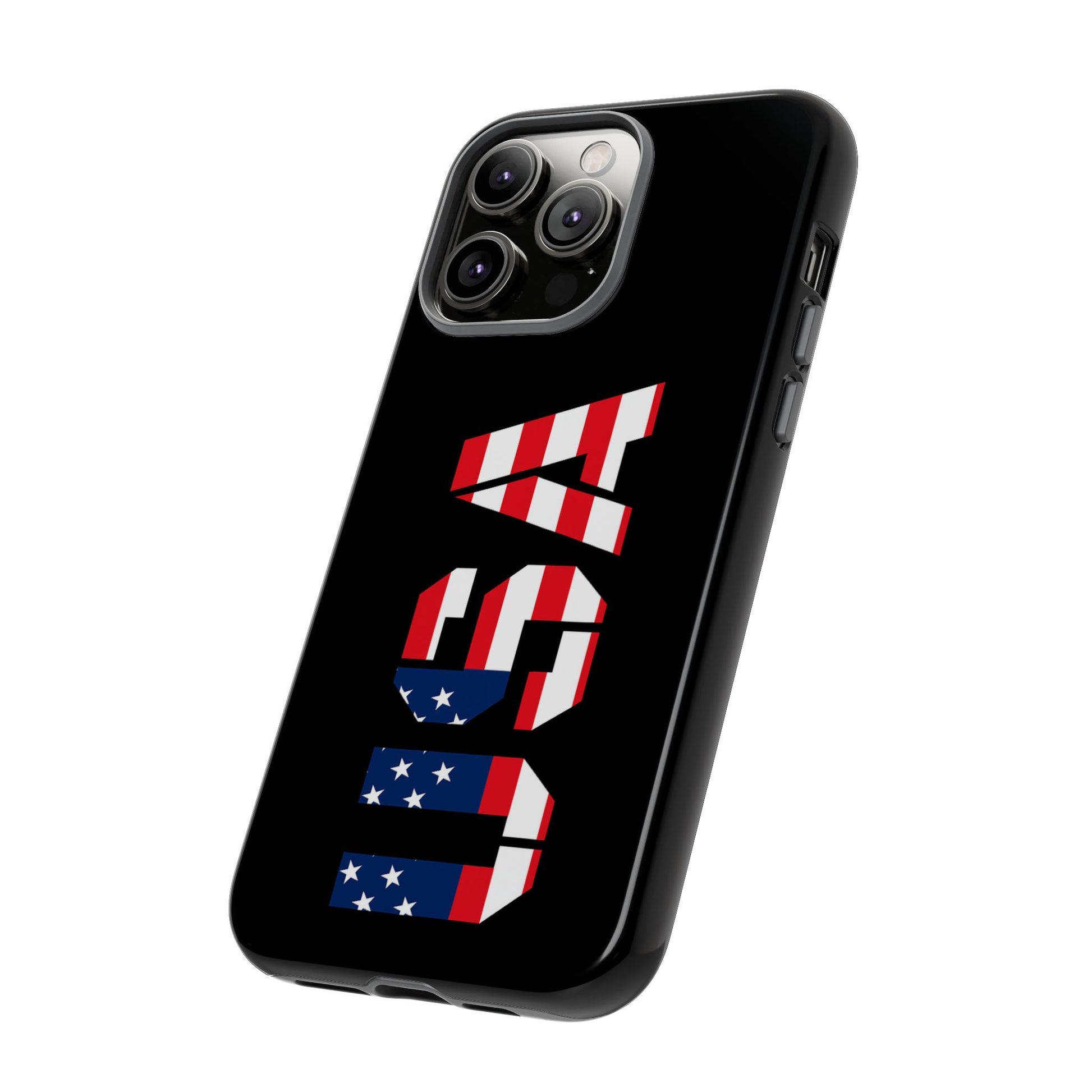 Printify USA phone case featuring a patriotic American flag design, durable tough case for iPhone or Android devices.