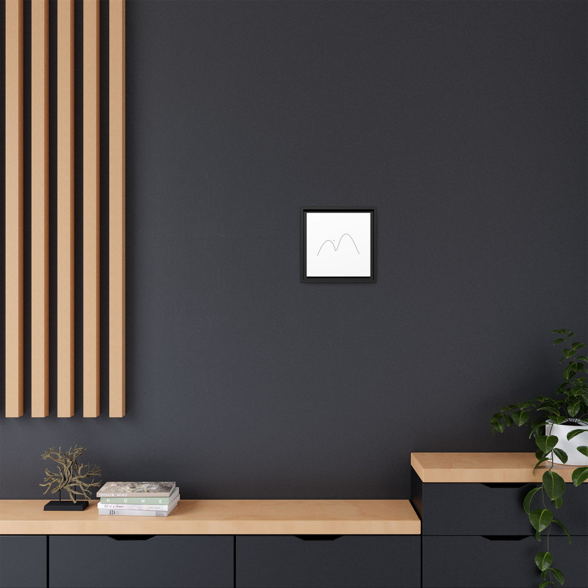Minimalist mountain line art on framed matte canvas, modern wall art by Printify featuring simple mountain silhouette design.