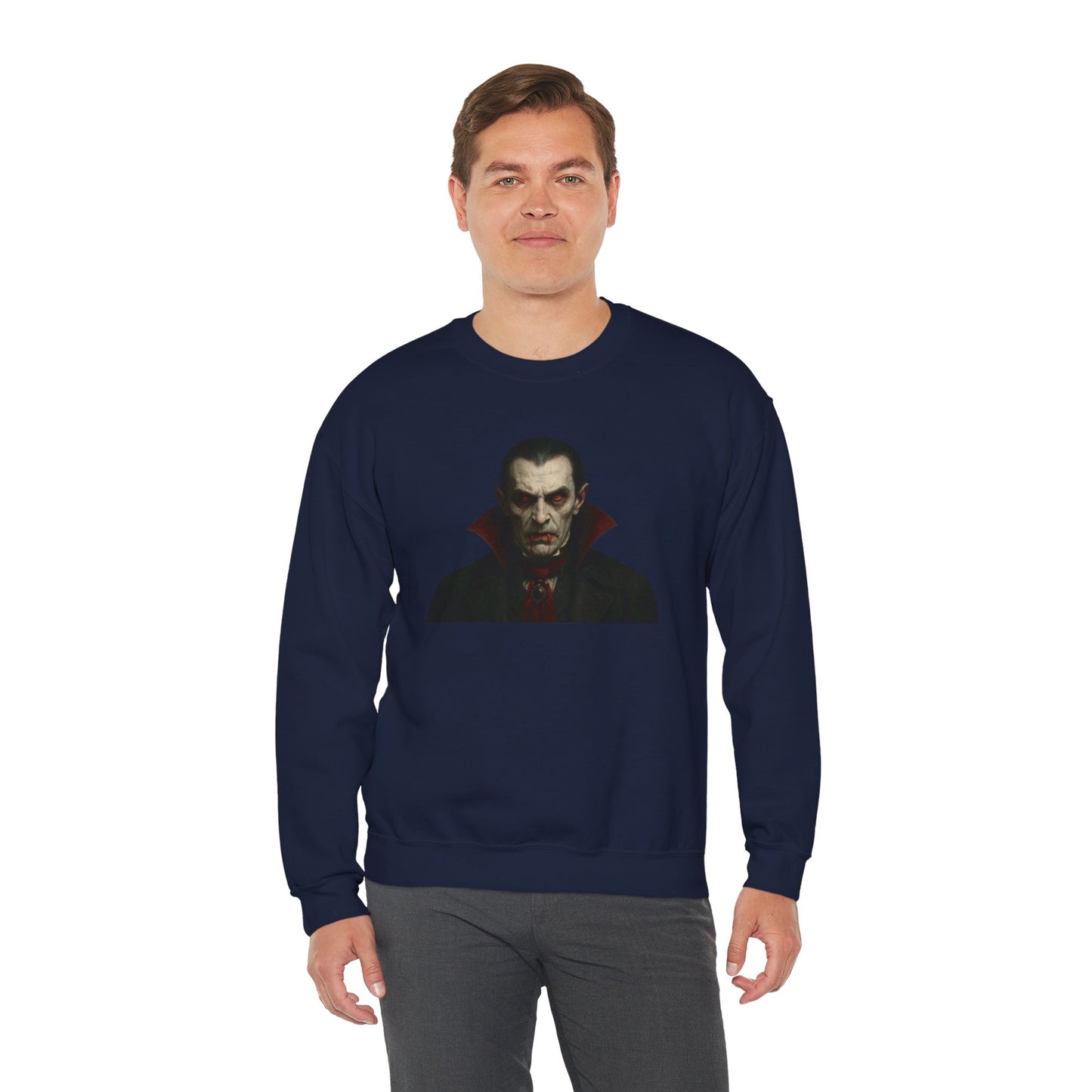 Black vampire portrait crewneck sweatshirt by Printify featuring a gothic vampire face design on soft cotton fabric.