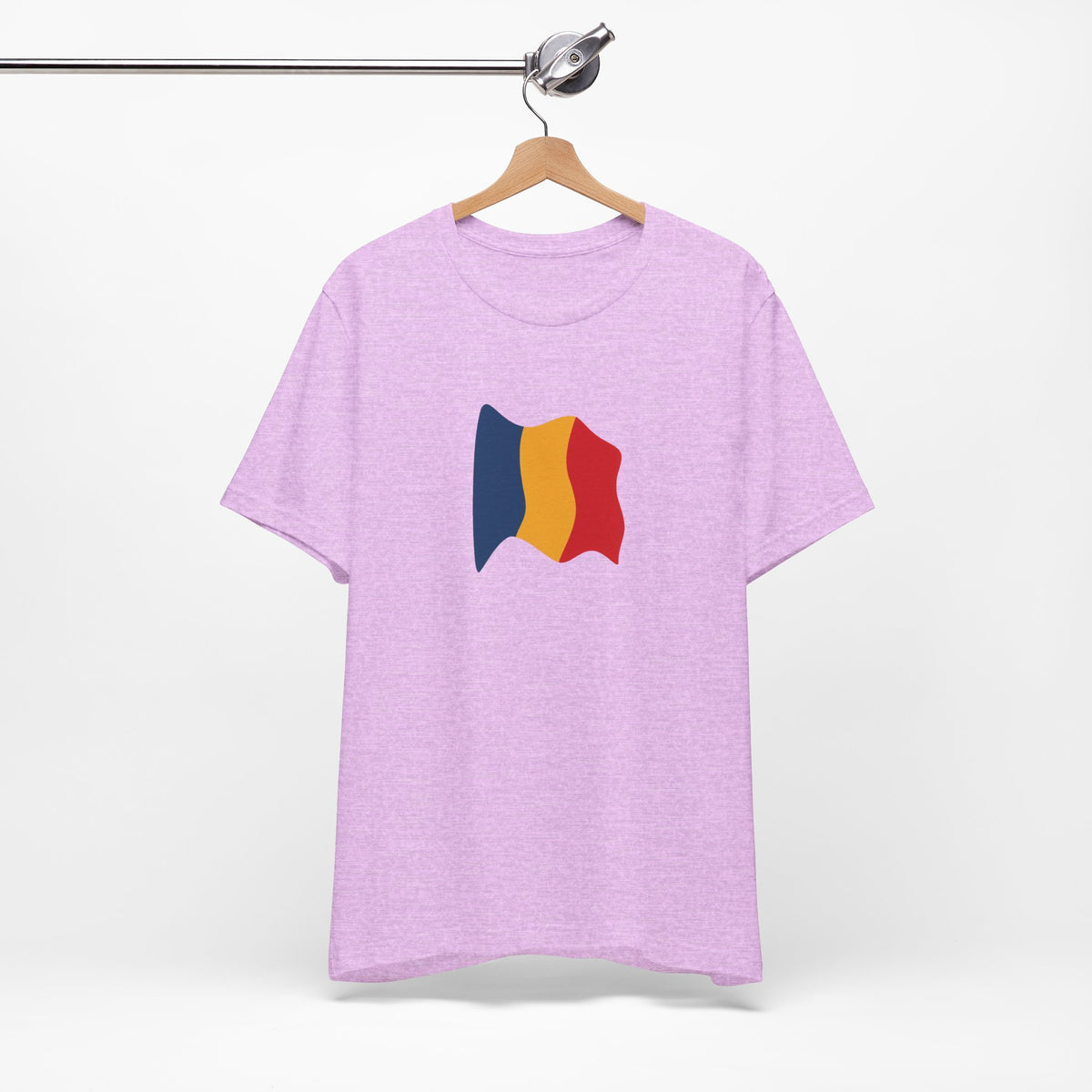 Romania flag T-shirt by Printify featuring a minimal waving tricolor design on a casual T-shirt.