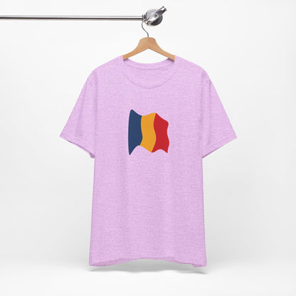 Romania flag T-shirt by Printify featuring a minimal waving tricolor design on a casual T-shirt.