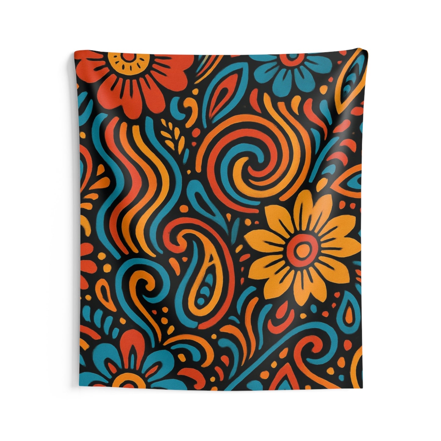 Boho Floral Tapestry — Retro Swirl Wall Hanging (Orange, Teal, Yellow)