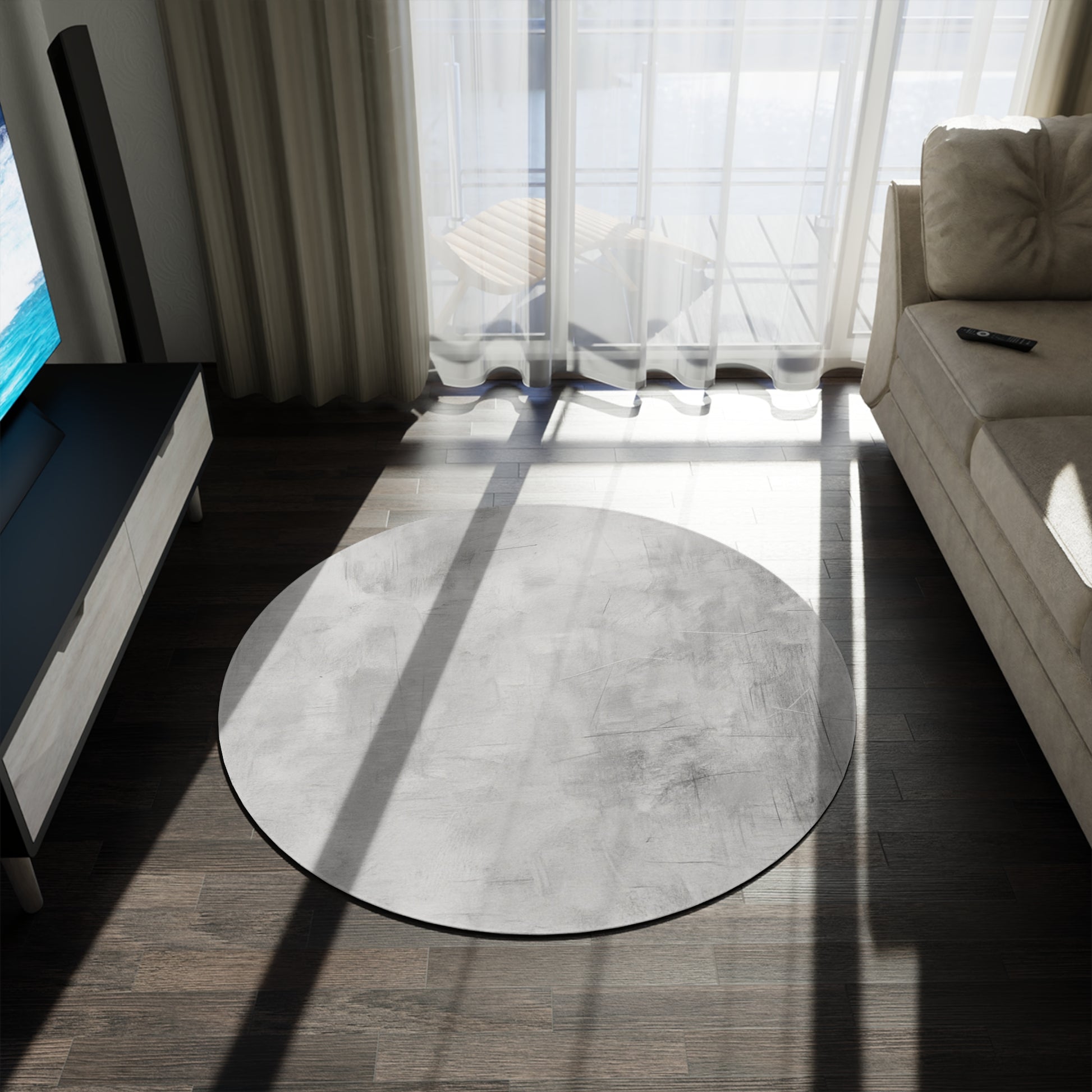 Modern round area rug by Printify with soft textured fabric, ideal for living room or bedroom decor.