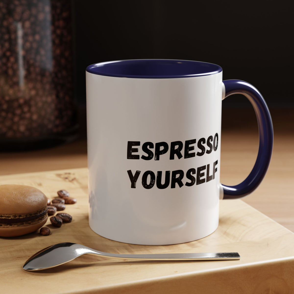 White ceramic espresso mug with "Espresso Yourself" humorous coffee lover slogan, 11 oz size, by Printify.