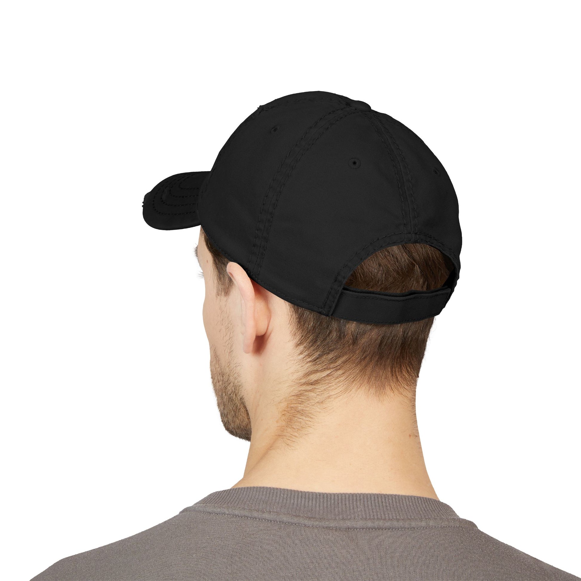 Distressed embroidered dad hat with Romanian flag patch, casual hat by Printify featuring a vintage style and adjustable strap