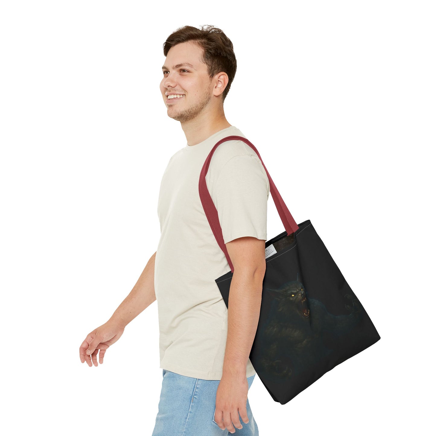 Werewolf tote bag featuring dark Halloween art, perfect for horror fans, made by Printify, showing the spooky design on a fabric bag.