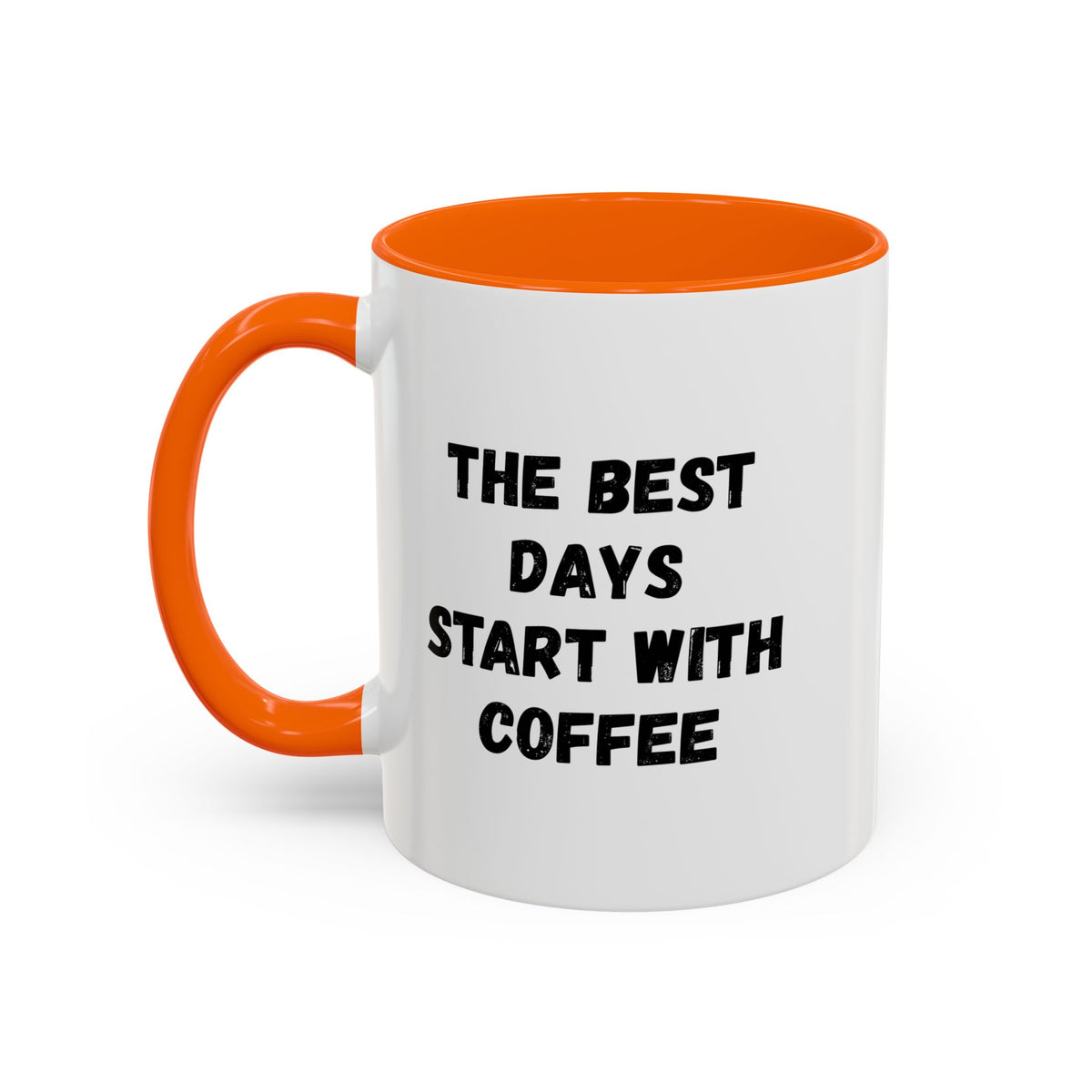 Ceramic coffee mug with "The Best Days Start With Coffee" print, 11oz size, featuring a white background and colorful lettering.