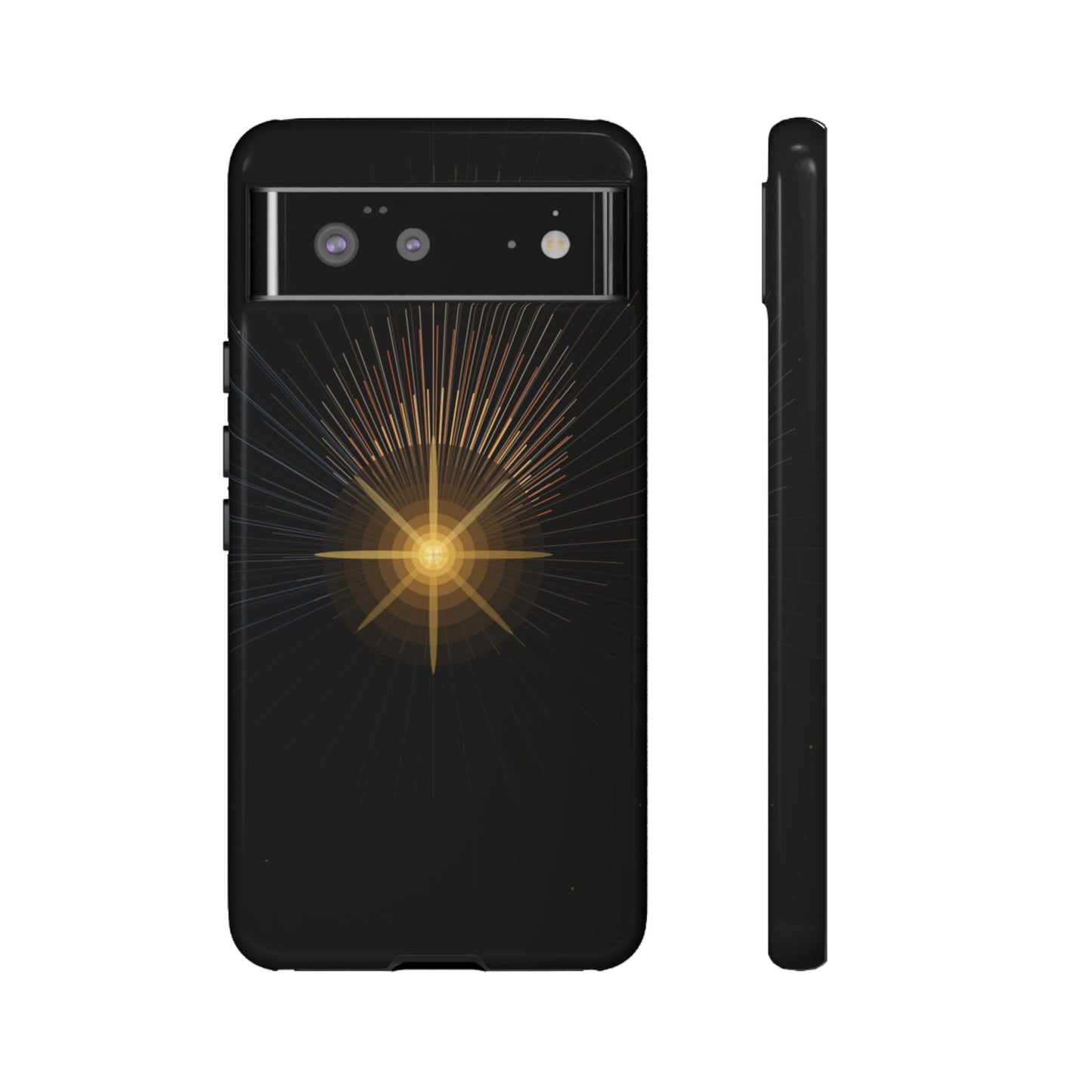 Tough Cases - Radiant Star Phone Case, Protective Black Shockproof Cover with Golden Light Design