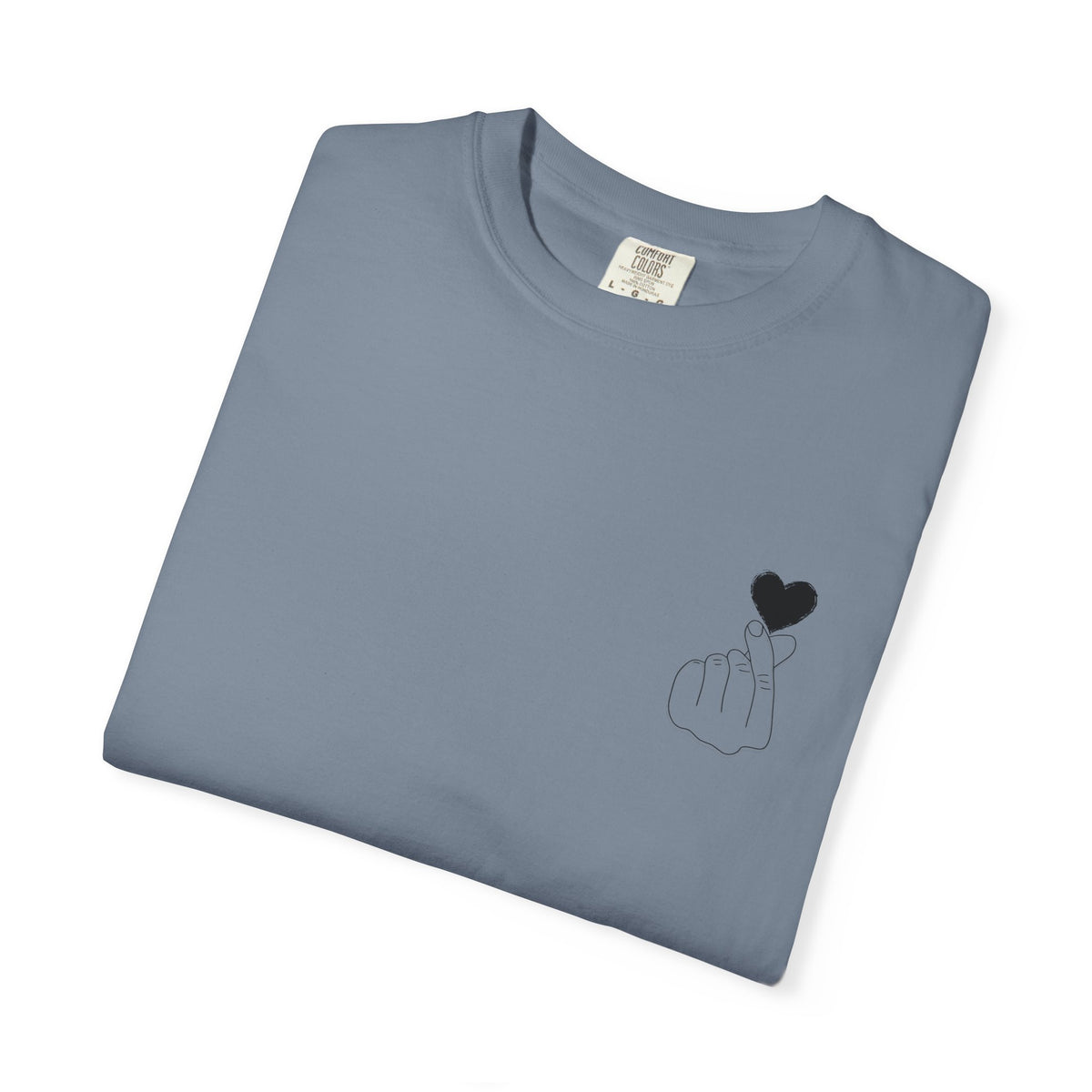 Black T-shirt with a minimal white finger heart graphic, casual style, by Printify, featuring a simple heart design on the front.