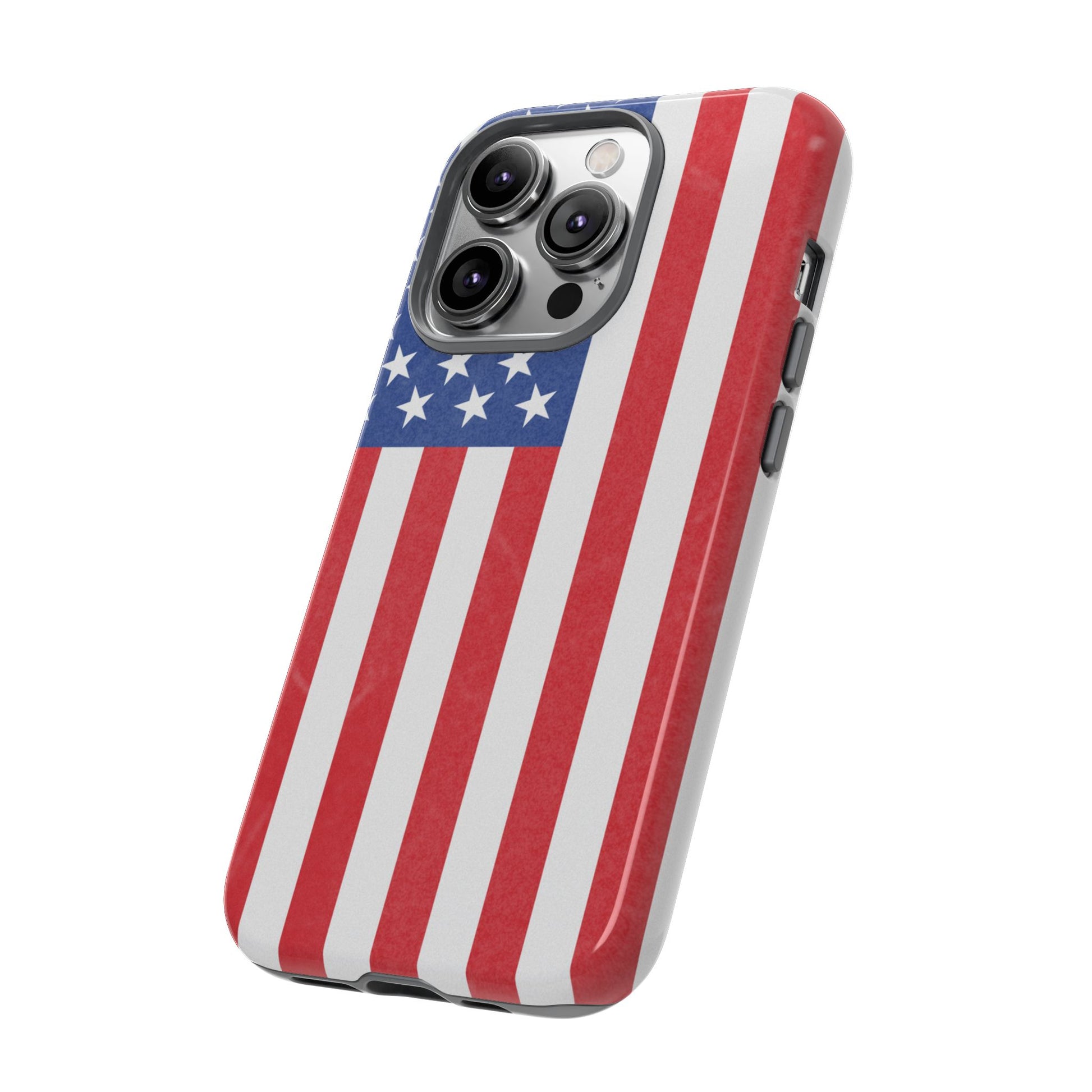 American flag tough phone case for iPhone and Samsung, patriotic protective cover with bold flag design by Printify