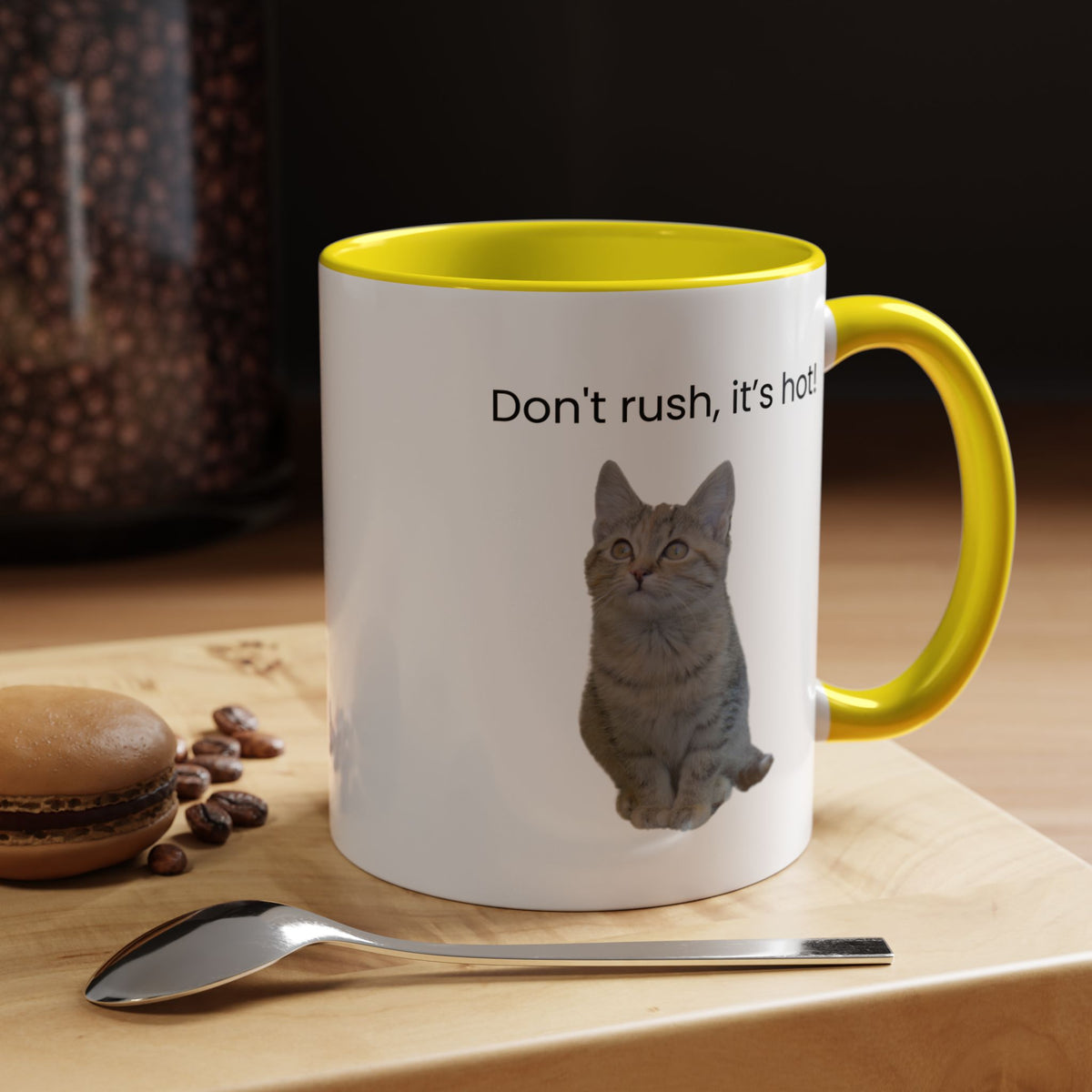 Ceramic cat-themed coffee mug with "Don't rush, it's hot!" text in 11 oz size, featuring a playful design.