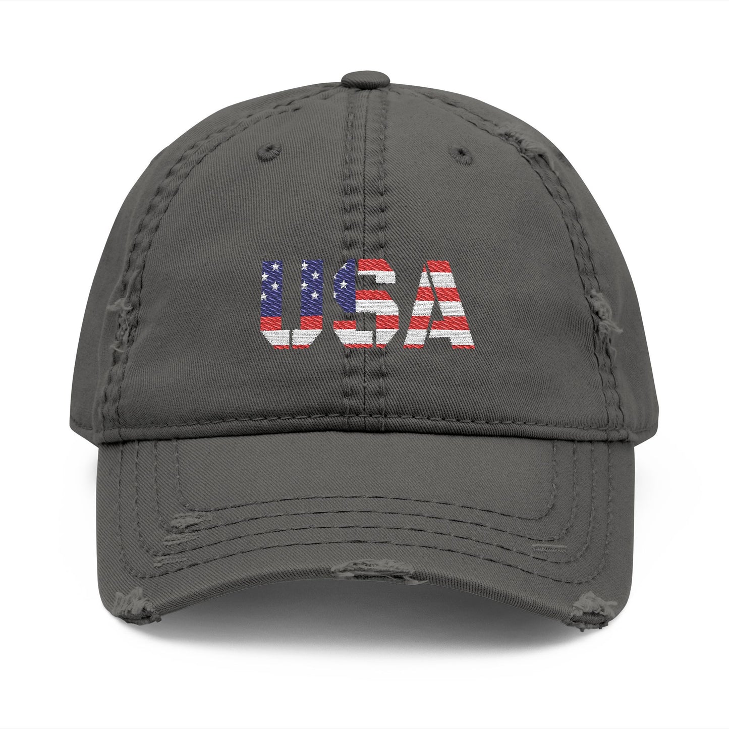 Distressed USA flag embroidered dad hat with adjustable strap and worn vintage look, made by Printify.