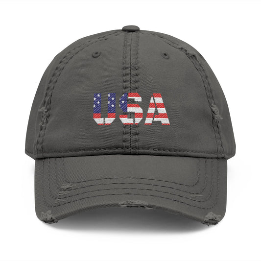 Distressed USA flag embroidered dad hat with adjustable strap and worn vintage look, made by Printify.