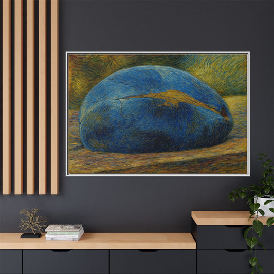 Framed matte canvas art of a blue stone still life wall print, featuring vibrant colors and detailed artwork by Printify.