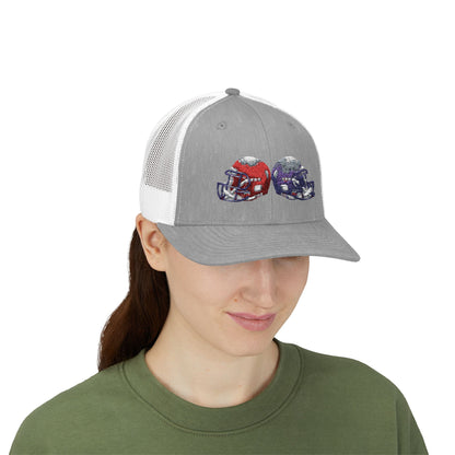 Sporty Snapback Trucker Cap with Football Helmets, Baseball Cap, Outdoor Activity Hat, Gift for Sports Fans, Team Spirit Wear - TRV