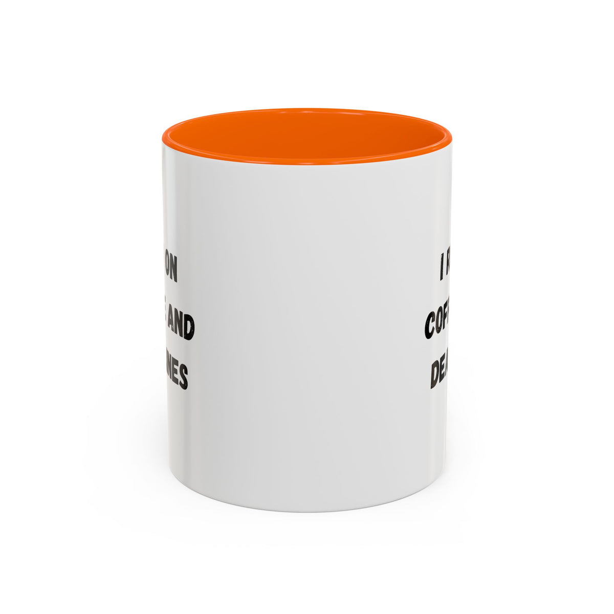 White ceramic mug with black text that reads "I Run on Coffee and Deadlines," designed by Printify.