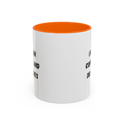 White ceramic mug with black text that reads "I Run on Coffee and Deadlines," designed by Printify.