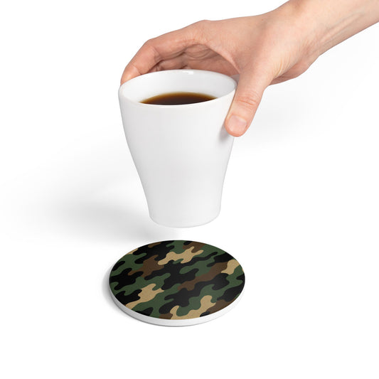Camo Ceramic Coaster — Green Woodland Camouflage Drink Protector