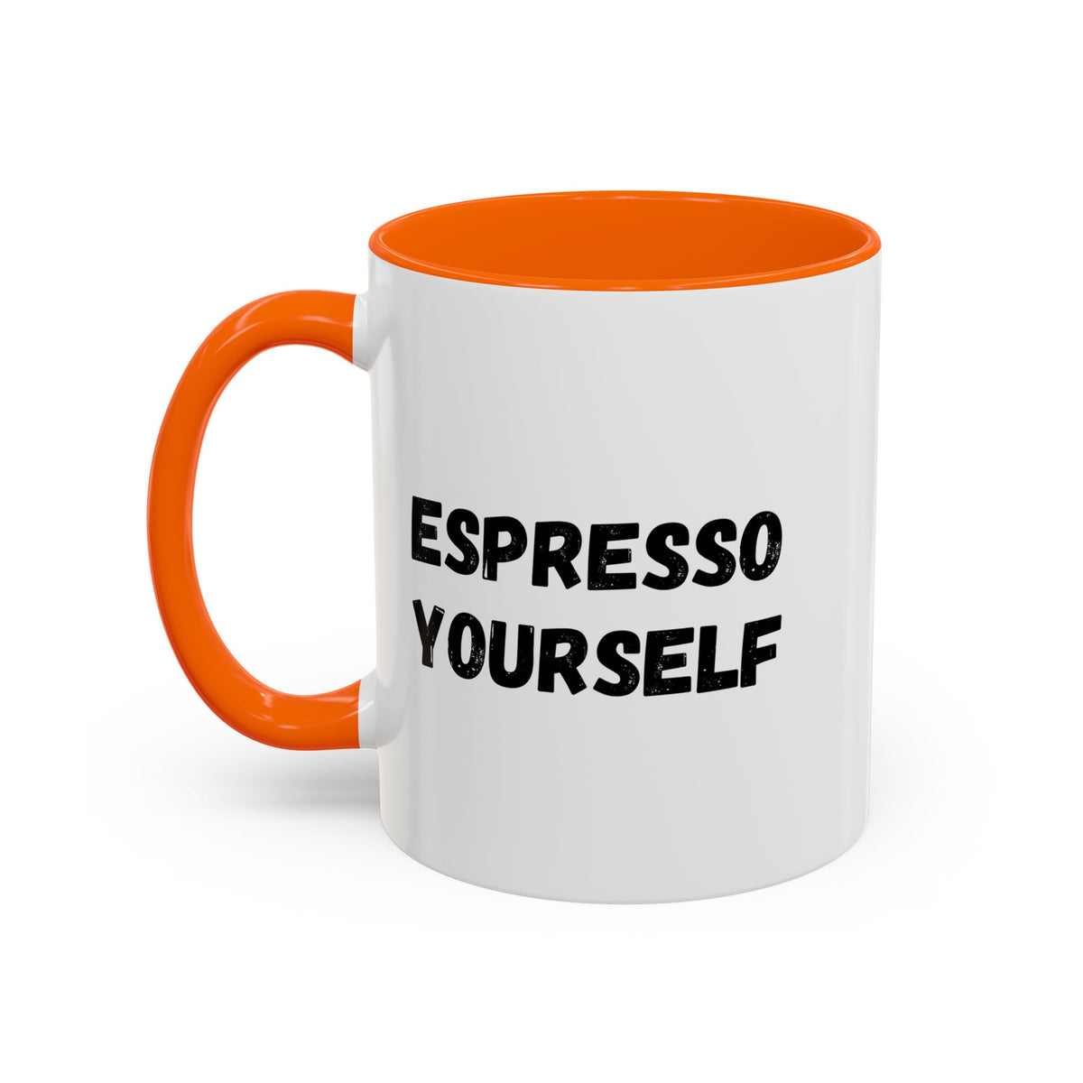 White ceramic espresso mug with "Espresso Yourself" printed in black, ideal for coffee lovers, 11 oz size.