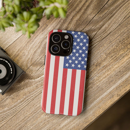 American flag tough phone case for iPhone by Printify, featuring a durable patriotic design with vibrant red, white, and blue colors.