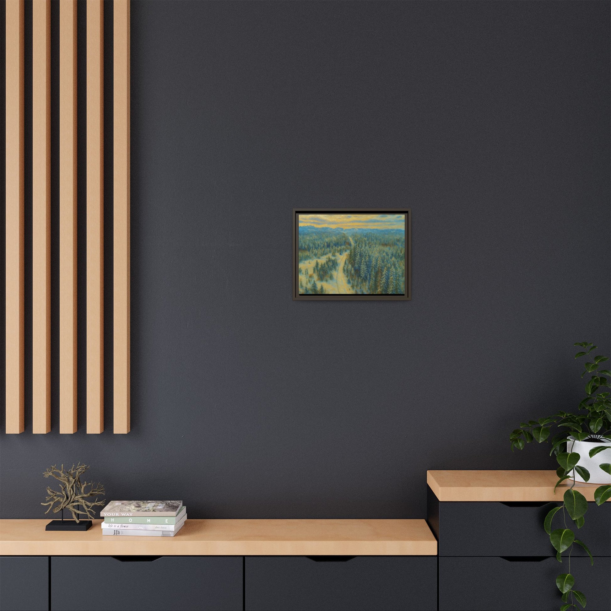 Framed matte canvas print of a serene winter forest landscape, showcasing snowy trees and peaceful woodland scenery.