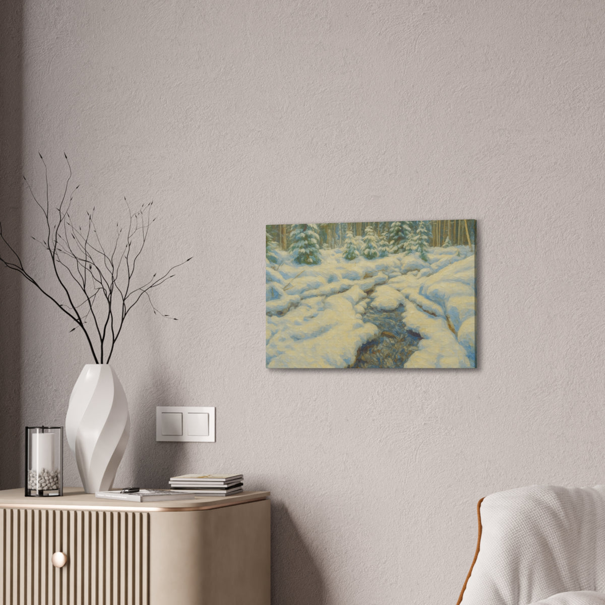 Winter landscape canvas wall art featuring a snowy forest stream with trees, designed by Printify, stretched on a canvas.