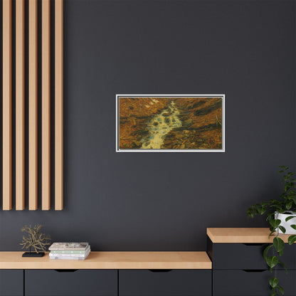Framed matte canvas print of autumn stream landscape artwork by Printify, featuring vibrant fall colors and tranquil nature scene.